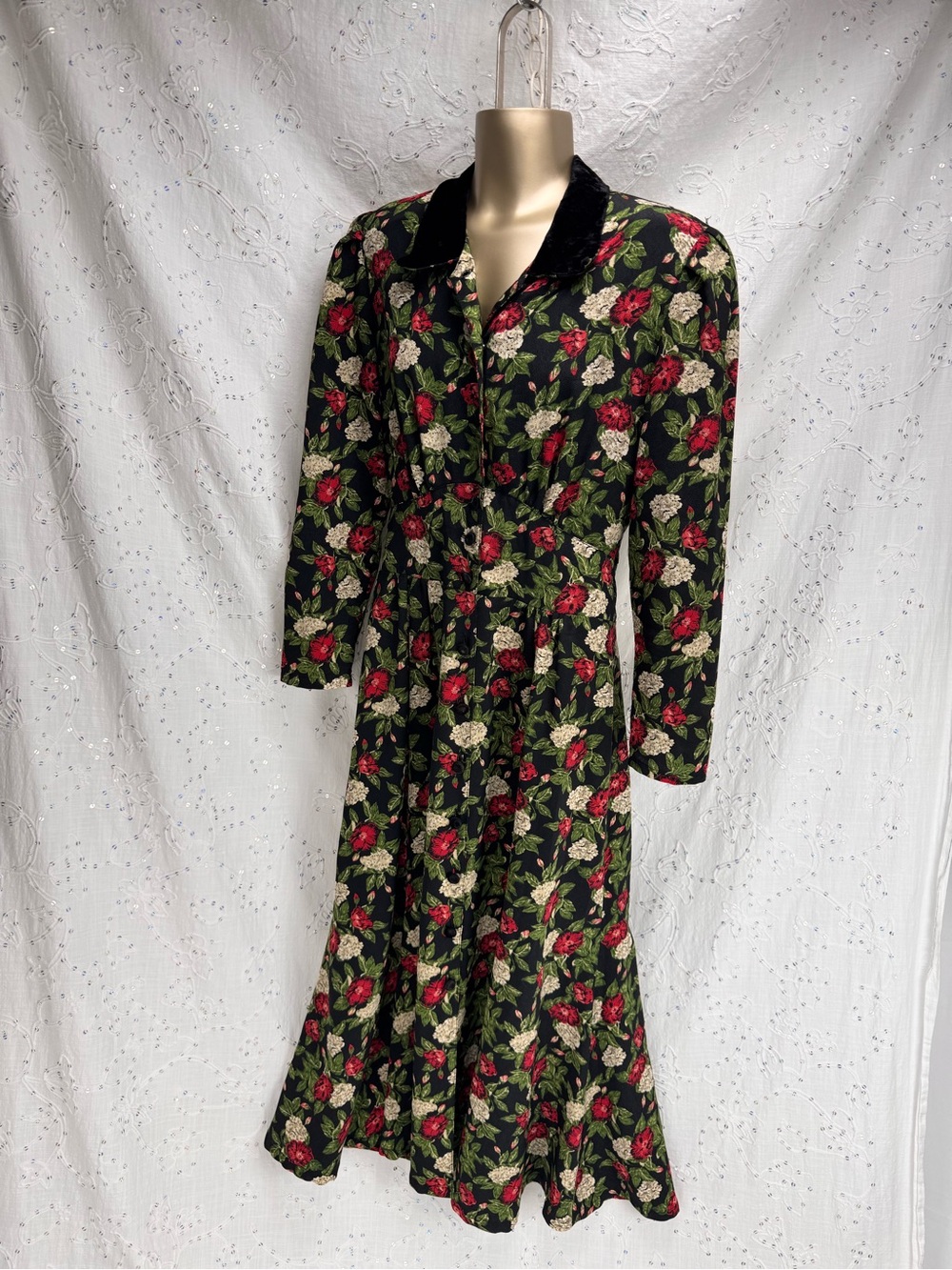 Vintage 80s 90s Northern Traditions Floral Maxi Dress Velvet Collar Button Front